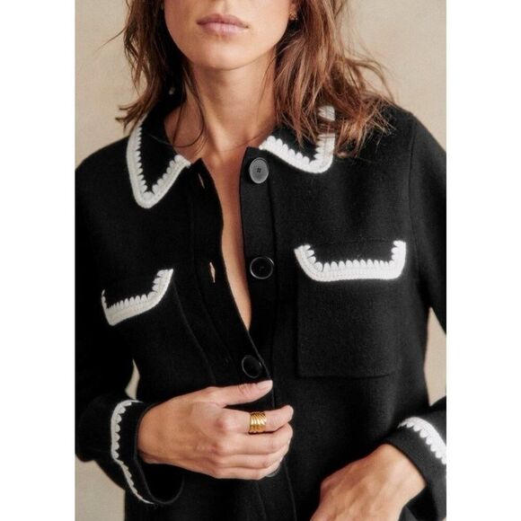 NWT Sézane Gilet Betty Wool Cardigan XXL Black Crochet Trim Button Front - Picture 2 of 10